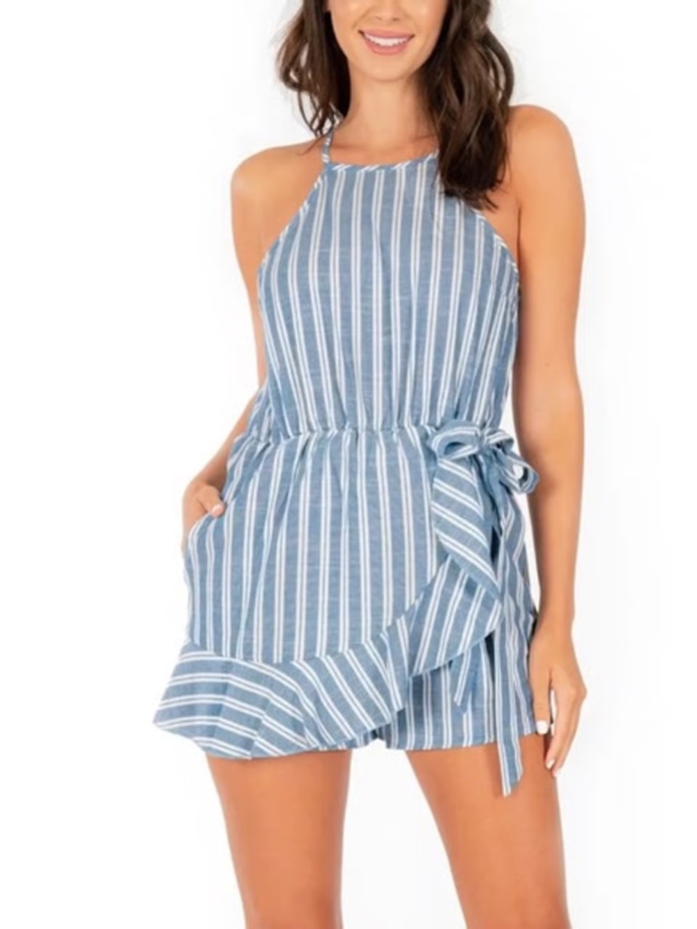 Speechless Halter Romper Viscose Cotton Striped Faux Wrap Ruffle S